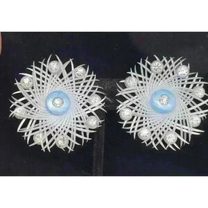 Vintage Clip Earrings Plastic Blue Peacock Spikey Atomic Retro 1950 Rhinestone